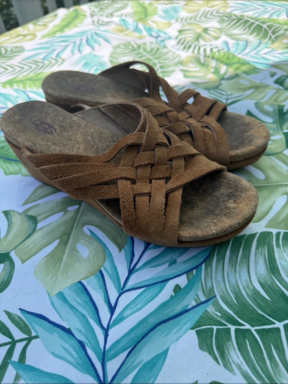 UGG cork wedge leather criss cross sandals sz 8 brown